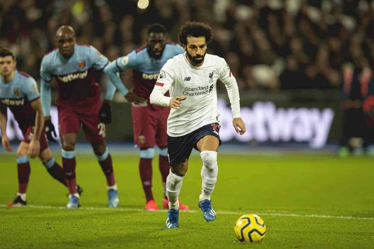 LONDON, ENGLAND - Wednesday, January 29, 2020: Liverpool's Mohamed Salah scores the first goal from a penalty-kick during the FA Premier League match between West Ham United FC and Liverpool FC at the London Stadium. (Pic by David Rawcliffe/Propaganda)