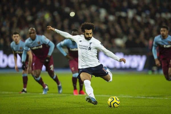 LONDON, ENGLAND - Wednesday, January 29, 2020: Liverpool's Mohamed Salah scores the first goal from a penalty-kick during the FA Premier League match between West Ham United FC and Liverpool FC at the London Stadium. (Pic by David Rawcliffe/Propaganda)