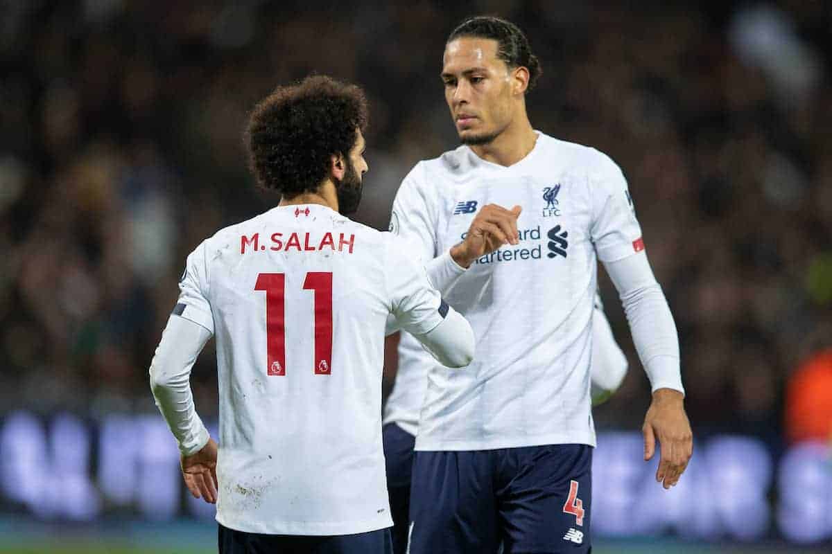 LONDON, ENGLAND - Wednesday, January 29, 2020: Liverpool's Mohamed Salah celebrates scoring the first goal from a penalty-kick with team-mate Virgil van Dijk (R) during the FA Premier League match between West Ham United FC and Liverpool FC at the London Stadium. (Pic by David Rawcliffe/Propaganda)