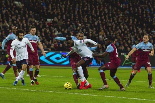 LONDON, ENGLAND - Wednesday, January 29, 2020: Liverpool's Divock Origi is fouled and a penalty awarded during the FA Premier League match between West Ham United FC and Liverpool FC at the London Stadium. (Pic by David Rawcliffe/Propaganda)