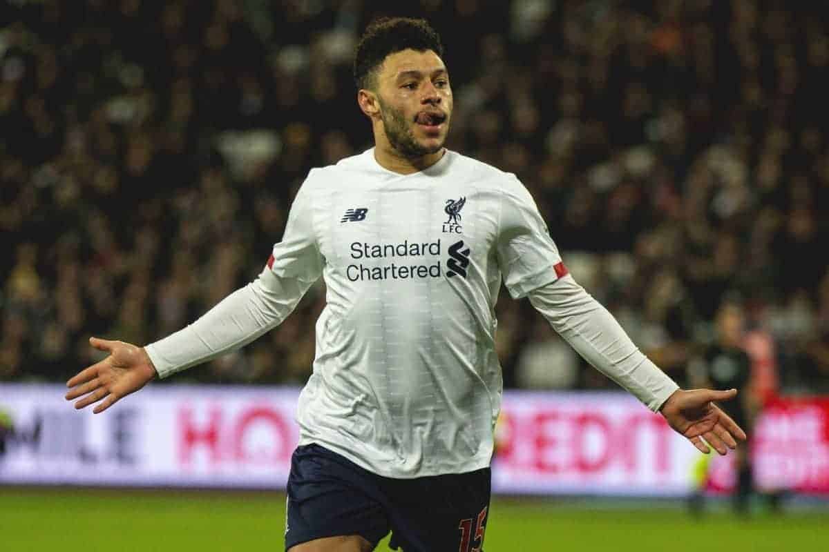 LONDON, ENGLAND - Wednesday, January 29, 2020: Liverpool's Alex Oxlade-Chamberlain celebrates scoring the second goal during the FA Premier League match between West Ham United FC and Liverpool FC at the London Stadium. (Pic by David Rawcliffe/Propaganda)