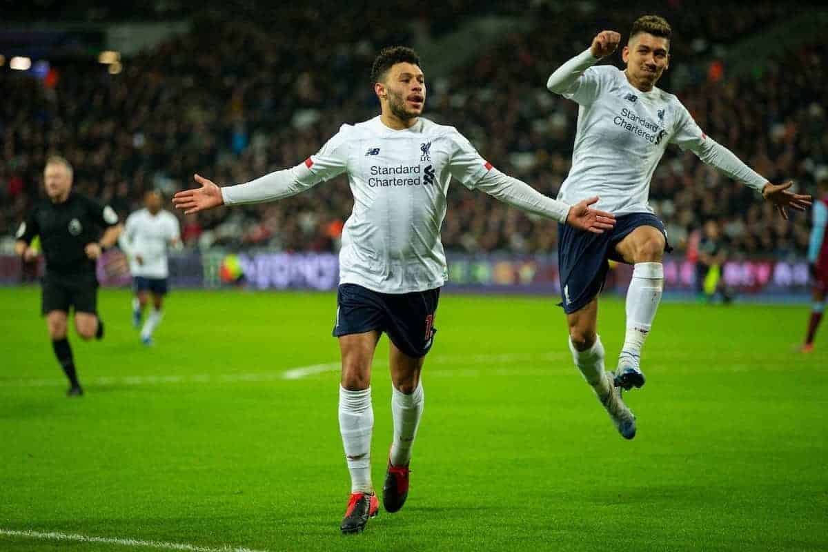 LONDON, ENGLAND - Wednesday, January 29, 2020: Liverpool's Alex Oxlade-Chamberlain celebrates scoring the second goal during the FA Premier League match between West Ham United FC and Liverpool FC at the London Stadium. (Pic by David Rawcliffe/Propaganda)