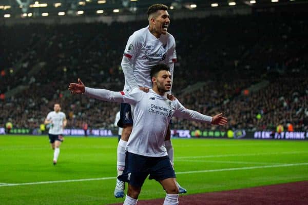 LONDON, ENGLAND - Wednesday, January 29, 2020: Liverpool's Alex Oxlade-Chamberlain celebrates scoring the second goal with team-mate Roberto Firmino (top) during the FA Premier League match between West Ham United FC and Liverpool FC at the London Stadium. (Pic by David Rawcliffe/Propaganda)