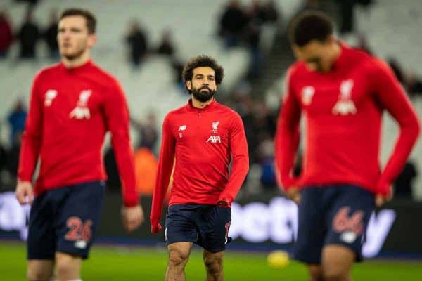 LONDON, ENGLAND - Wednesday, January 29, 2020: Liverpool's Mohamed Salah during the pre-match warm-up before the FA Premier League match between West Ham United FC and Liverpool FC at the London Stadium. (Pic by David Rawcliffe/Propaganda)