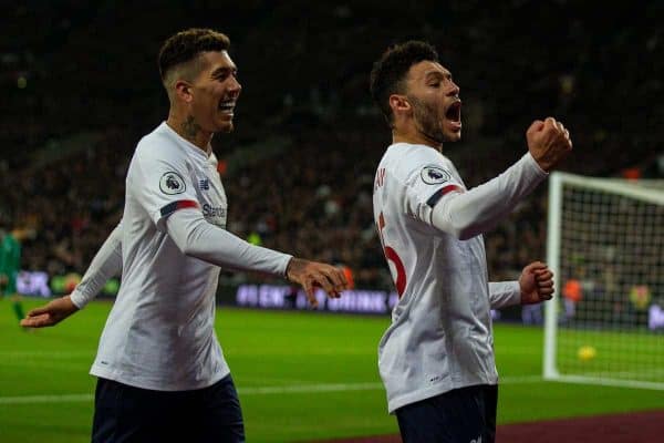 LONDON, ENGLAND - Wednesday, January 29, 2020: Liverpool's Alex Oxlade-Chamberlain celebrates scoring the second goal with team-mate Roberto Firmino (L) during the FA Premier League match between West Ham United FC and Liverpool FC at the London Stadium. (Pic by David Rawcliffe/Propaganda)