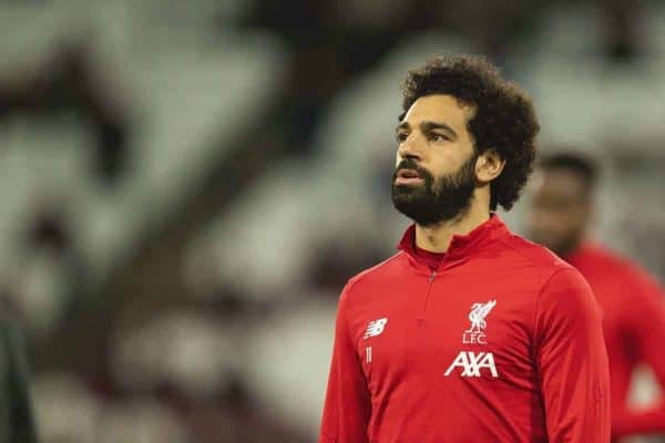 LONDON, ENGLAND - Wednesday, January 29, 2020: Liverpool's Mohamed Salah during the pre-match warm-up before the FA Premier League match between West Ham United FC and Liverpool FC at the London Stadium. (Pic by David Rawcliffe/Propaganda)