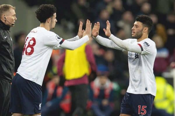 LONDON, ENGLAND - Wednesday, January 29, 2020: Liverpool's Alex Oxlade-Chamberlain is replaced by substitute Curtis Jones during the FA Premier League match between West Ham United FC and Liverpool FC at the London Stadium. (Pic by David Rawcliffe/Propaganda)