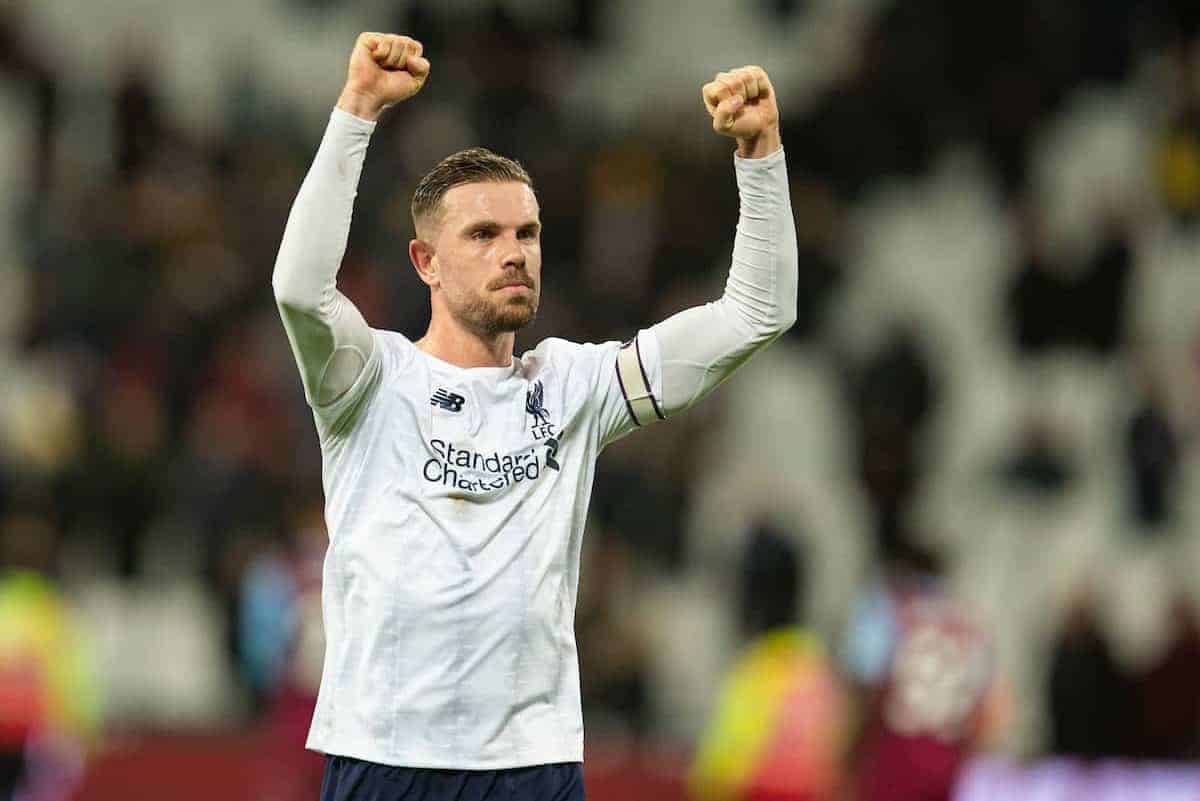 LONDON, ENGLAND - Wednesday, January 29, 2020: Liverpool's captain Jordan Henderson celebrates after the FA Premier League match between West Ham United FC and Liverpool FC at the London Stadium. Liverpool won 2-0. (Pic by David Rawcliffe/Propaganda)