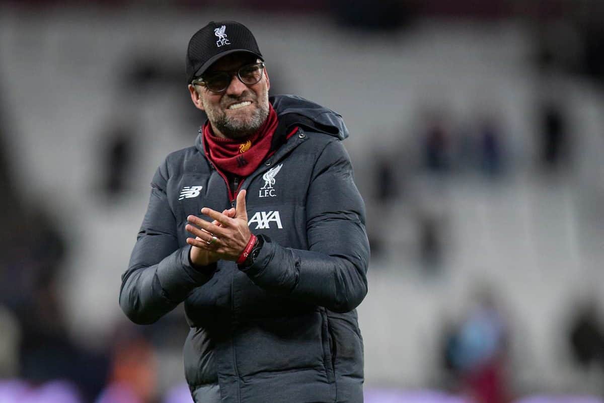 LONDON, ENGLAND - Wednesday, January 29, 2020: Liverpool's manager Jürgen Klopp celebrates after the FA Premier League match between West Ham United FC and Liverpool FC at the London Stadium. Liverpool won 2-0. (Pic by David Rawcliffe/Propaganda)