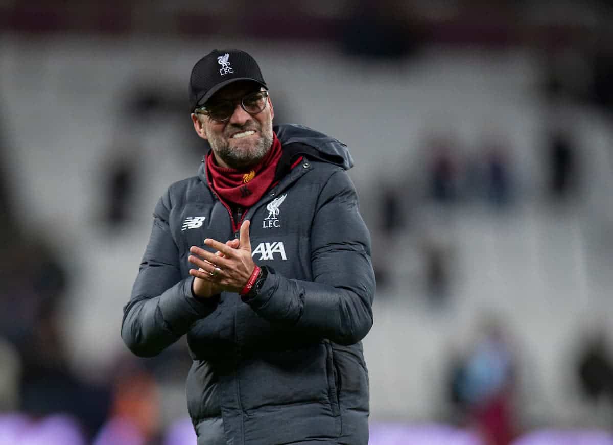 LONDON, ENGLAND - Wednesday, January 29, 2020: Liverpool's manager Jürgen Klopp celebrates after the FA Premier League match between West Ham United FC and Liverpool FC at the London Stadium. Liverpool won 2-0. (Pic by David Rawcliffe/Propaganda)