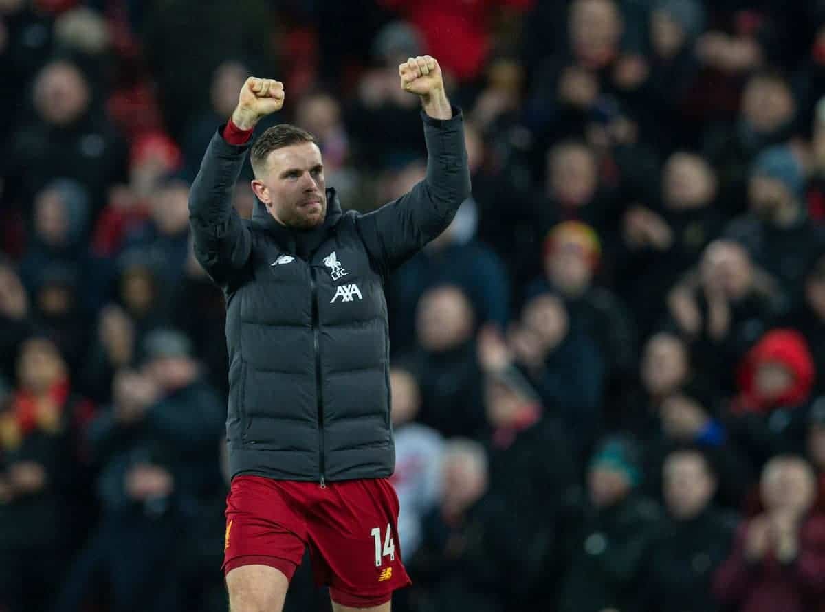 LIVERPOOL, ENGLAND - Saturday, February 1, 2020: Liverpool's captain Jordan Henderson celebrates after the FA Premier League match between Liverpool FC and Southampton FC at Anfield. Liverpool won 4-0. (Pic by David Rawcliffe/Propaganda)