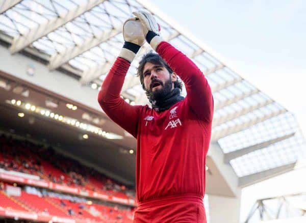 LIVERPOOL, ENGLAND - Saturday, February 1, 2020: Liverpool's goalkeeper Alisson Becker during the pre-match warm-up before the FA Premier League match between Liverpool FC and Southampton FC at Anfield. (Pic by David Rawcliffe/Propaganda)