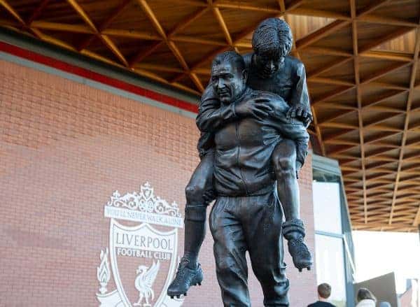 LIVERPOOL, ENGLAND - Saturday, February 1, 2020: A new statue of former Liverpool manger Bob Paisley, sculptured from a image of him as a physio carrying Liverpool captain Emlyn Hughes, pictured before the FA Premier League match between Liverpool FC and Southampton FC at Anfield. (Pic by David Rawcliffe/Propaganda)