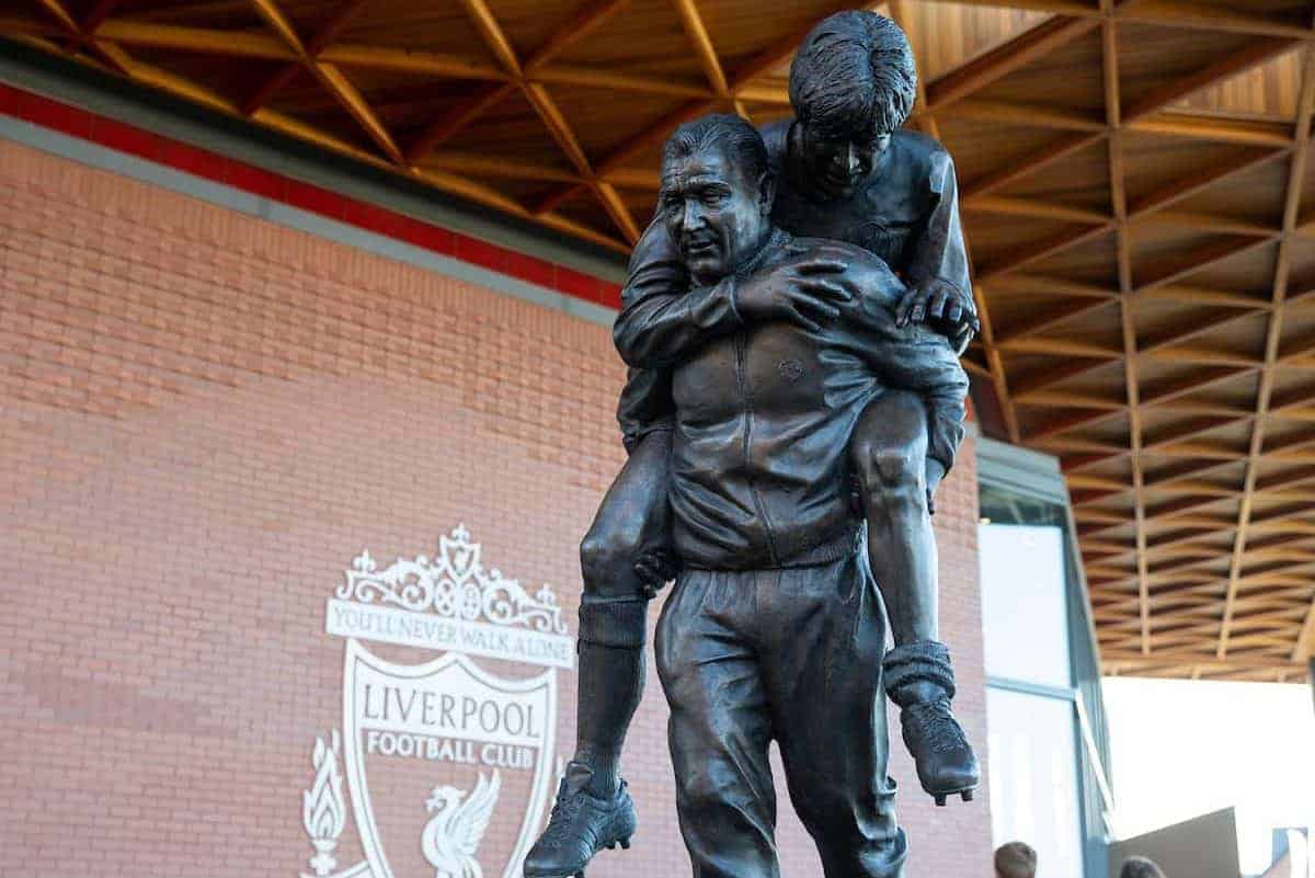 LIVERPOOL, ENGLAND - Saturday, February 1, 2020: A new statue of former Liverpool manger Bob Paisley, sculptured from a image of him as a physio carrying Liverpool captain Emlyn Hughes, pictured before the FA Premier League match between Liverpool FC and Southampton FC at Anfield. (Pic by David Rawcliffe/Propaganda)