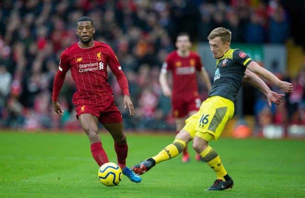 LIVERPOOL, ENGLAND - Saturday, February 1, 2020: Liverpool's Georginio Wijnaldum (L) and Southampton's James Ward-Prowse during the FA Premier League match between Liverpool FC and Southampton FC at Anfield. (Pic by David Rawcliffe/Propaganda)