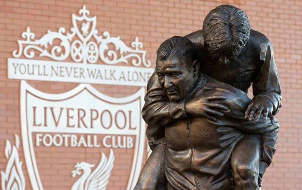 LIVERPOOL, ENGLAND - Saturday, February 1, 2020: A new statue of former Liverpool manger Bob Paisley, sculptured from a image of him as a physio carrying Liverpool captain Emlyn Hughes, pictured before the FA Premier League match between Liverpool FC and Southampton FC at Anfield. (Pic by David Rawcliffe/Propaganda)