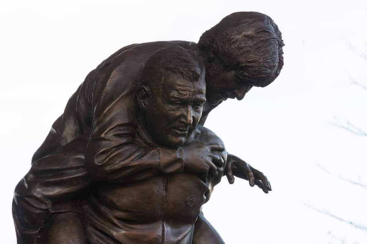 LIVERPOOL, ENGLAND - Saturday, February 1, 2020: A new statue of former Liverpool manger Bob Paisley, sculptured from a image of him as a physio carrying Liverpool captain Emlyn Hughes, pictured before the FA Premier League match between Liverpool FC and Southampton FC at Anfield. (Pic by David Rawcliffe/Propaganda)