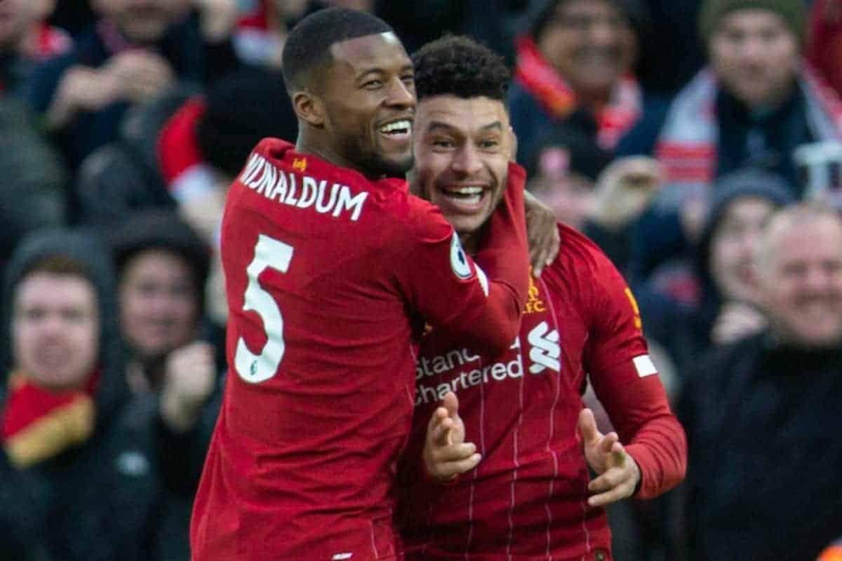 LIVERPOOL, ENGLAND - Saturday, February 1, 2020: Liverpool's Georginio Wijnaldum (L) and Southampton's James Ward-Prowse during the FA Premier League match between Liverpool FC and Southampton FC at Anfield. (Pic by David Rawcliffe/Propaganda)