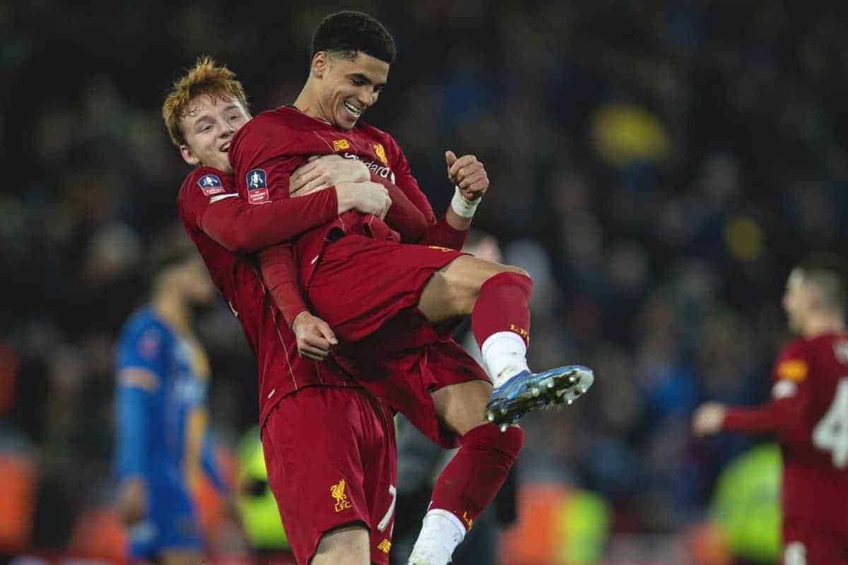 LIVERPOOL, ENGLAND - Tuesday, February 4, 2020: Liverpool's Sepp Van Den Berg (L) and Ki-Jana Hoever (R) celebtate after the FA Cup 4th Round Replay match between Liverpool FC and Shrewsbury Town at Anfield. Liverpool won 1-0. (Pic by David Rawcliffe/Propaganda)