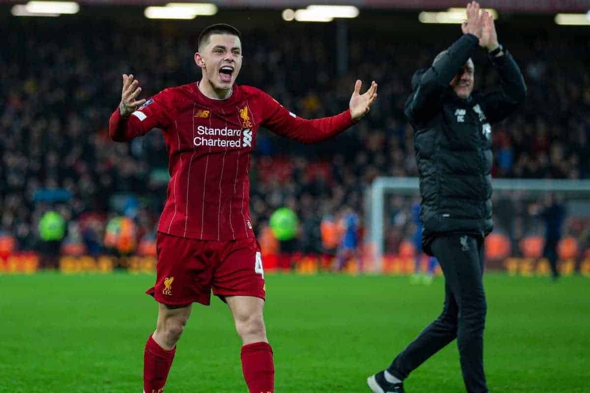 LIVERPOOL, ENGLAND - Tuesday, February 4, 2020: Liverpool's Adam Lewis celebtates after the FA Cup 4th Round Replay match between Liverpool FC and Shrewsbury Town at Anfield. Liverpool won 1-0. (Pic by David Rawcliffe/Propaganda)