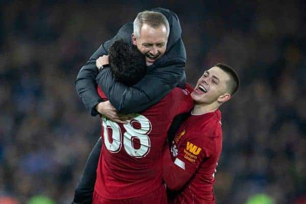 LIVERPOOL, ENGLAND - Tuesday, February 4, 2020: Liverpool's Adam Lewis (R) and Pedro Chirivella (L) celebrate with Under-23 manager Neil Critchley (C) after the FA Cup 4th Round Replay match between Liverpool FC and Shrewsbury Town at Anfield. Liverpool won 1-0. (Pic by David Rawcliffe/Propaganda)