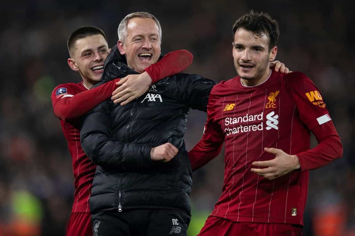 LIVERPOOL, ENGLAND - Tuesday, February 4, 2020: Liverpool's Adam Lewis (L) and Pedro Chirivella (R) celebrate with Under-23 manager Neil Critchley (C) after the FA Cup 4th Round Replay match between Liverpool FC and Shrewsbury Town at Anfield. Liverpool won 1-0. (Pic by David Rawcliffe/Propaganda)