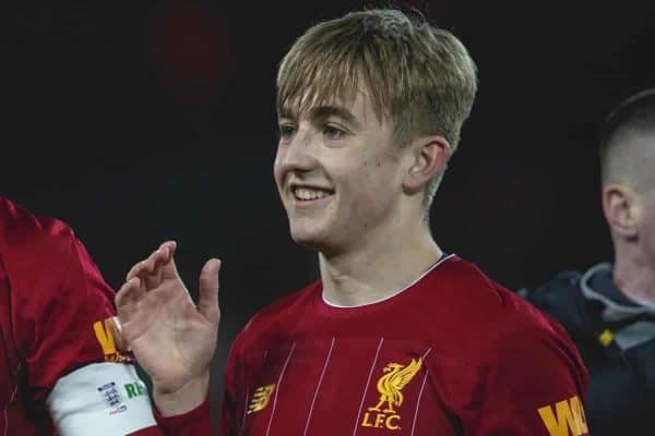 LIVERPOOL, ENGLAND - Tuesday, February 4, 2020: Liverpool's Curtis Jones (C) and Jake Cain (R) celebrate with Under-23 manager Neil Critchley (L) after the FA Cup 4th Round Replay match between Liverpool FC and Shrewsbury Town at Anfield. Liverpool won 1-0. (Pic by David Rawcliffe/Propaganda)