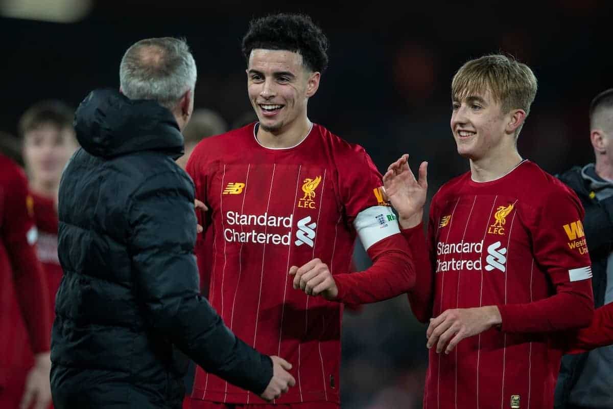 LIVERPOOL, ENGLAND - Tuesday, February 4, 2020: Liverpool's Curtis Jones (C) and Leighton Clarkson (R) celebrate with Under-23 manager Neil Critchley (L) after the FA Cup 4th Round Replay match between Liverpool FC and Shrewsbury Town at Anfield. Liverpool won 1-0. (Pic by David Rawcliffe/Propaganda)