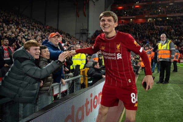 LIVERPOOL, ENGLAND - Tuesday, February 4, 2020: Liverpool's Leighton Clarkson celebrates after the FA Cup 4th Round Replay match between Liverpool FC and Shrewsbury Town at Anfield. Liverpool won 1-0. (Pic by David Rawcliffe/Propaganda)