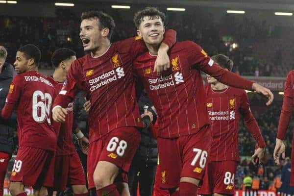 LIVERPOOL, ENGLAND - Tuesday, February 4, 2020: Liverpool's Pedro Chirivella (L) and Neco Williams (R) celebrate after the FA Cup 4th Round Replay match between Liverpool FC and Shrewsbury Town at Anfield. Liverpool won 1-0. (Pic by David Rawcliffe/Propaganda)