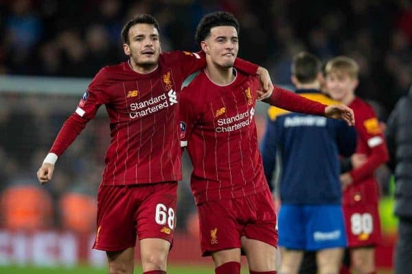 LIVERPOOL, ENGLAND - Tuesday, February 4, 2020: Liverpool's Pedro Chirivella (L) and Curtis Jones (R) celebrate after the FA Cup 4th Round Replay match between Liverpool FC and Shrewsbury Town at Anfield. Liverpool won 1-0. (Pic by David Rawcliffe/Propaganda)