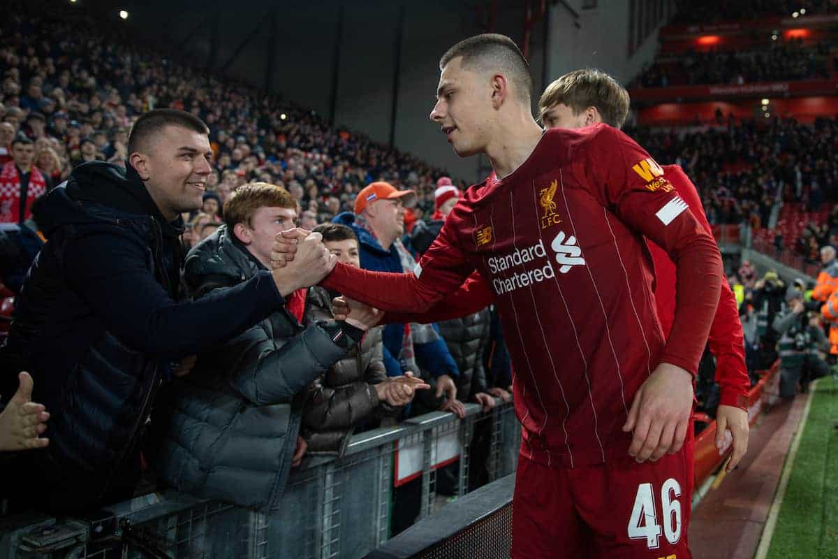 LIVERPOOL, ENGLAND - Tuesday, February 4, 2020: Liverpool's Adam Lewis celebrates after the FA Cup 4th Round Replay match between Liverpool FC and Shrewsbury Town at Anfield. Liverpool won 1-0. (Pic by David Rawcliffe/Propaganda)