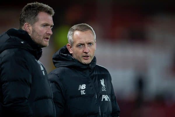 LIVERPOOL, ENGLAND - Tuesday, February 4, 2020: Liverpool's Under-23 manager Neil Critchley (R) during the FA Cup 4th Round Replay match between Liverpool FC and Shrewsbury Town at Anfield. (Pic by David Rawcliffe/Propaganda)