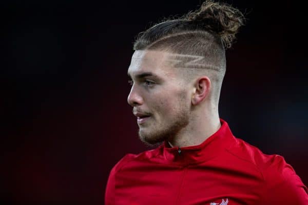 LIVERPOOL, ENGLAND - Tuesday, February 4, 2020: Liverpool's Harvey Elliott during the pre-match warm-up before the FA Cup 4th Round Replay match between Liverpool FC and Shrewsbury Town at Anfield. (Pic by David Rawcliffe/Propaganda)