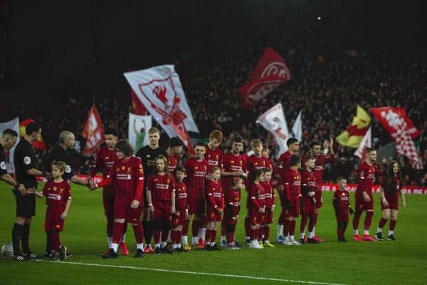 LIVERPOOL, ENGLAND - Tuesday, February 4, 2020: Liverpool's young players line-up before the FA Cup 4th Round Replay match between Liverpool FC and Shrewsbury Town at Anfield. (Pic by David Rawcliffe/Propaganda)