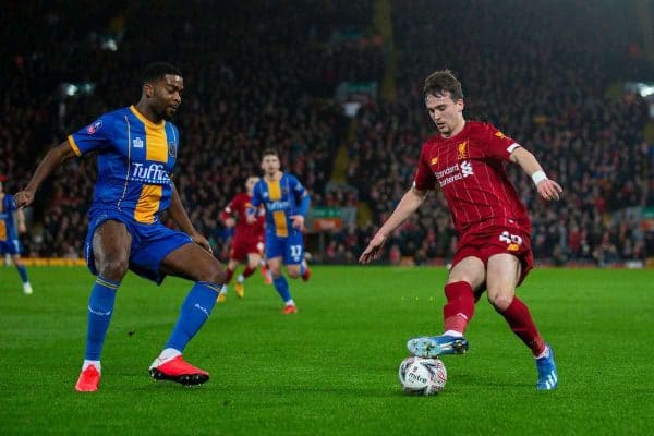 LIVERPOOL, ENGLAND - Tuesday, February 4, 2020: Liverpool's Liam Millar during the FA Cup 4th Round Replay match between Liverpool FC and Shrewsbury Town at Anfield. (Pic by David Rawcliffe/Propaganda)