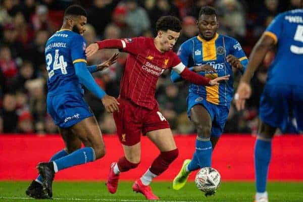 LIVERPOOL, ENGLAND - Tuesday, February 4, 2020: Liverpool's Curtis Jones during the FA Cup 4th Round Replay match between Liverpool FC and Shrewsbury Town at Anfield. (Pic by David Rawcliffe/Propaganda)