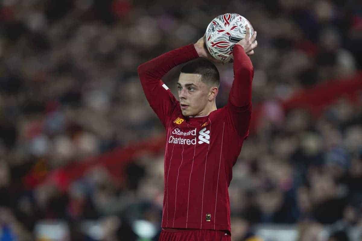 LIVERPOOL, ENGLAND - Tuesday, February 4, 2020: Liverpool's Adam Lewis takes a throw-in during the FA Cup 4th Round Replay match between Liverpool FC and Shrewsbury Town at Anfield. (Pic by David Rawcliffe/Propaganda)