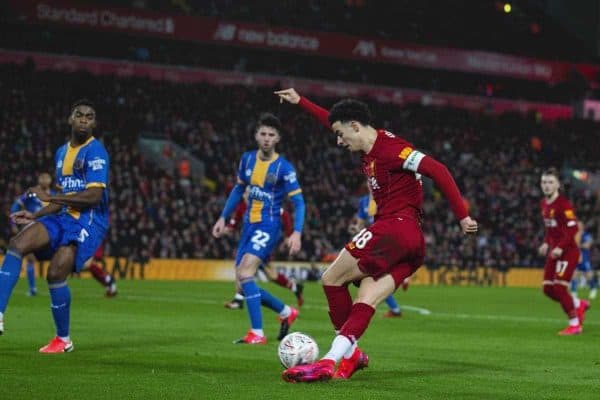LIVERPOOL, ENGLAND - Tuesday February 4, 2020: Curtis Jones of Liverpool crosses the ball during the FA Cup 4th Round replay match between Liverpool FC and Shrewsbury Town at Anfield.  (Photo by David Rawcliffe/Propaganda)