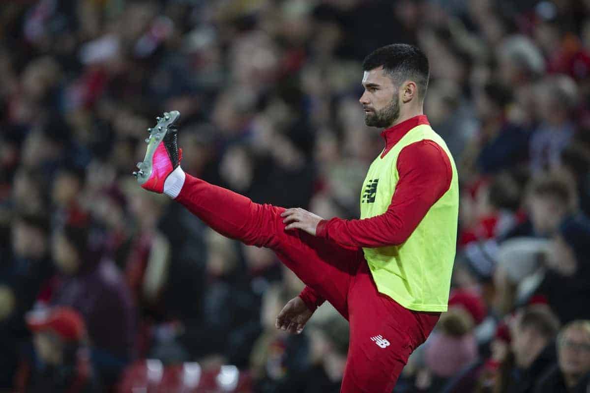 LIVERPOOL, ENGLAND - Tuesday, February 4, 2020: Liverpool's substitute Joe Hardy warms-up during the FA Cup 4th Round Replay match between Liverpool FC and Shrewsbury Town at Anfield. (Pic by David Rawcliffe/Propaganda)