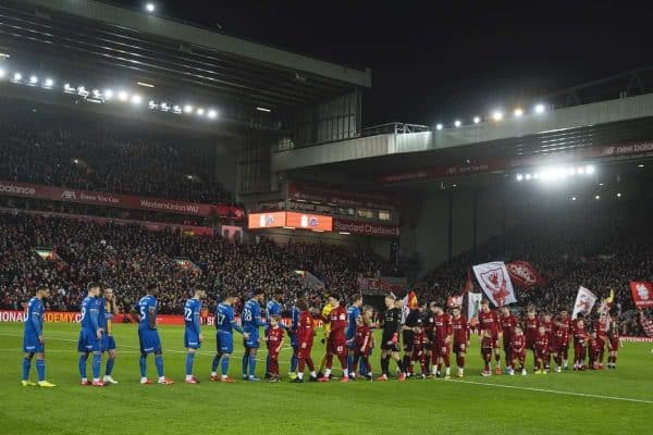 LIVERPOOL, ENGLAND - Tuesday, February 4, 2020: Liverpool and Shrewsbury Town players shake hands before the FA Cup 4th Round Replay match between Liverpool FC and Shrewsbury Town at Anfield. (Pic by David Rawcliffe/Propaganda)