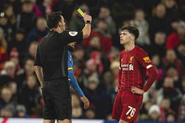 LIVERPOOL, ENGLAND - Tuesday, February 4, 2020: Liverpool's Neco Williams is shown a yellow card by the referee during the FA Cup 4th Round Replay match between Liverpool FC and Shrewsbury Town at Anfield. (Pic by David Rawcliffe/Propaganda)