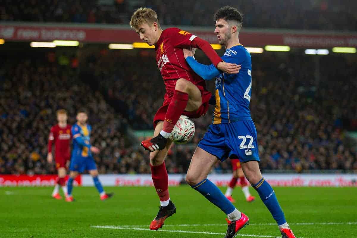 LIVERPOOL, ENGLAND - Tuesday, February 4, 2020: Liverpool's Jake Cain (L) and Shrewsbury Town's Sean Goss during the FA Cup 4th Round Replay match between Liverpool FC and Shrewsbury Town at Anfield. (Pic by David Rawcliffe/Propaganda)