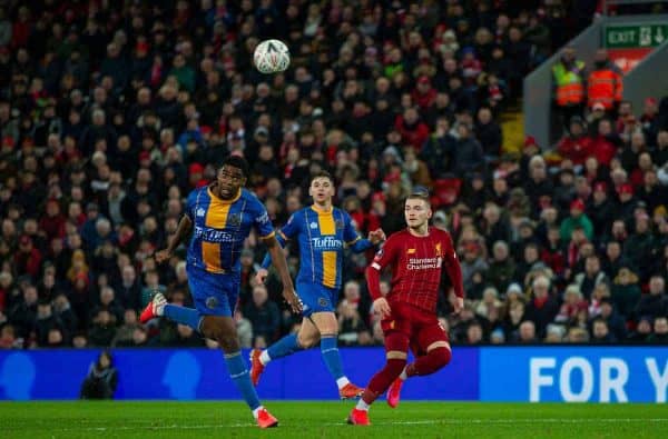 LIVERPOOL, ENGLAND - Tuesday, February 4, 2020: Shrewsbury Town's Ro-Shaun Williams scores an own-goal during the FA Cup 4th Round Replay match between Liverpool FC and Shrewsbury Town at Anfield. (Pic by David Rawcliffe/Propaganda)