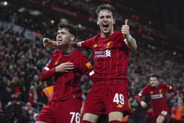 LIVERPOOL, ENGLAND - Tuesday, February 4, 2020: Liverpool's Neco Williams (L) and Liam Millar celebrate after an own-goal by Shrewsbury Town during the FA Cup 4th Round Replay match between Liverpool FC and Shrewsbury Town at Anfield. (Pic by David Rawcliffe/Propaganda)