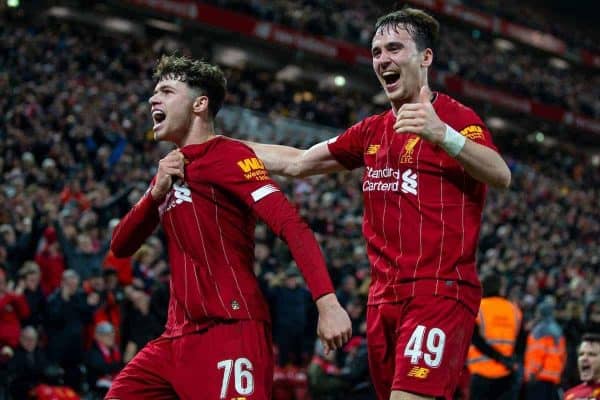 LIVERPOOL, ENGLAND - Tuesday, February 4, 2020: Liverpool's Neco Williams (L) and Liam Millar celebrate after an own-goal by Shrewsbury Town during the FA Cup 4th Round Replay match between Liverpool FC and Shrewsbury Town at Anfield. (Pic by David Rawcliffe/Propaganda)