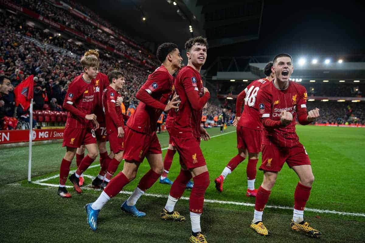 LIVERPOOL, ENGLAND - Tuesday, February 4, 2020: Liverpool's Neco Williams (C) celebrates after an own-goal by Shrewsbury Town during the FA Cup 4th Round Replay match between Liverpool FC and Shrewsbury Town at Anfield. (Pic by David Rawcliffe/Propaganda)