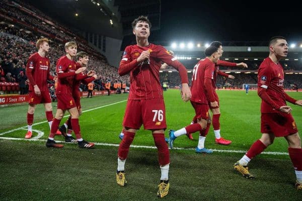 LIVERPOOL, ENGLAND - Tuesday, February 4, 2020: Liverpool's Neco Williams (C) celebrates after an own-goal by Shrewsbury Town during the FA Cup 4th Round Replay match between Liverpool FC and Shrewsbury Town at Anfield. (Pic by David Rawcliffe/Propaganda)