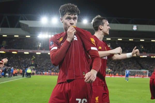 LIVERPOOL, ENGLAND - Tuesday, February 4, 2020: Liverpool's Neco Williams (C) celebrates after an own-goal by Shrewsbury Town during the FA Cup 4th Round Replay match between Liverpool FC and Shrewsbury Town at Anfield. (Pic by David Rawcliffe/Propaganda)