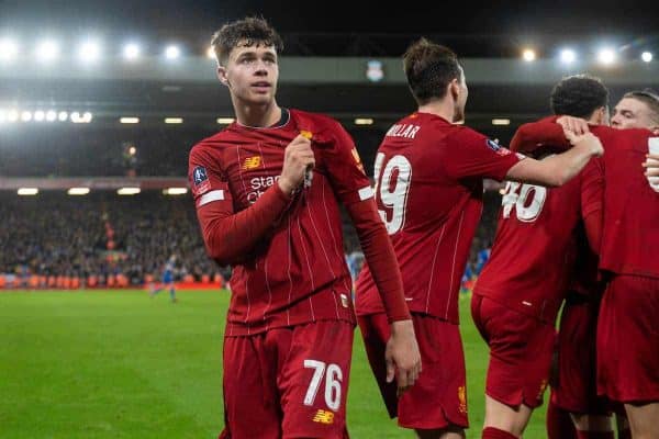 LIVERPOOL, ENGLAND - Tuesday, February 4, 2020: Liverpool's Neco Williams (C) celebrates after an own-goal by Shrewsbury Town during the FA Cup 4th Round Replay match between Liverpool FC and Shrewsbury Town at Anfield. (Pic by David Rawcliffe/Propaganda)